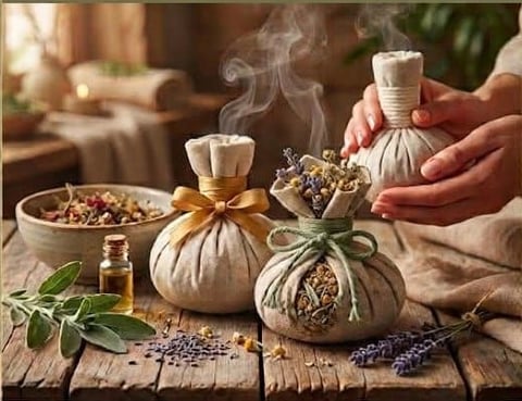 Hands holding herbal sachets with dried herbs and lavender on wooden table, demonstrating natural wellness and aromatherapy preparation